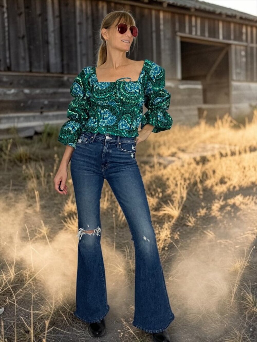 Anthropologie Porridge Tiered Poplin Blouse Top XS Green Tiered Sleeves